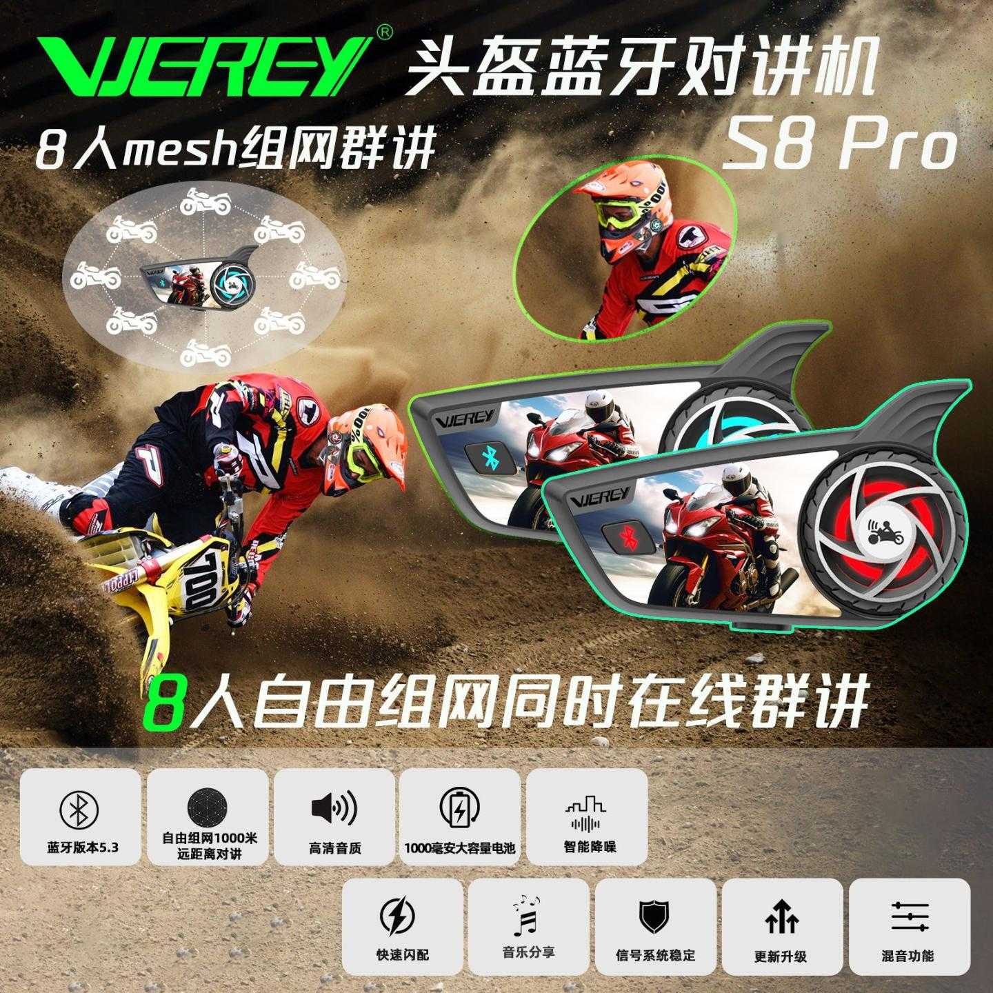 头盔蓝牙耳机S8PRO 8人全双工群讲蓝牙对讲机S8 PRO