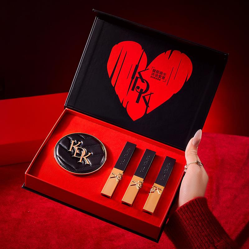 雾光皮纹美妆4件套气垫BB霜小金管口红七夕生日礼物彩妆组合套装