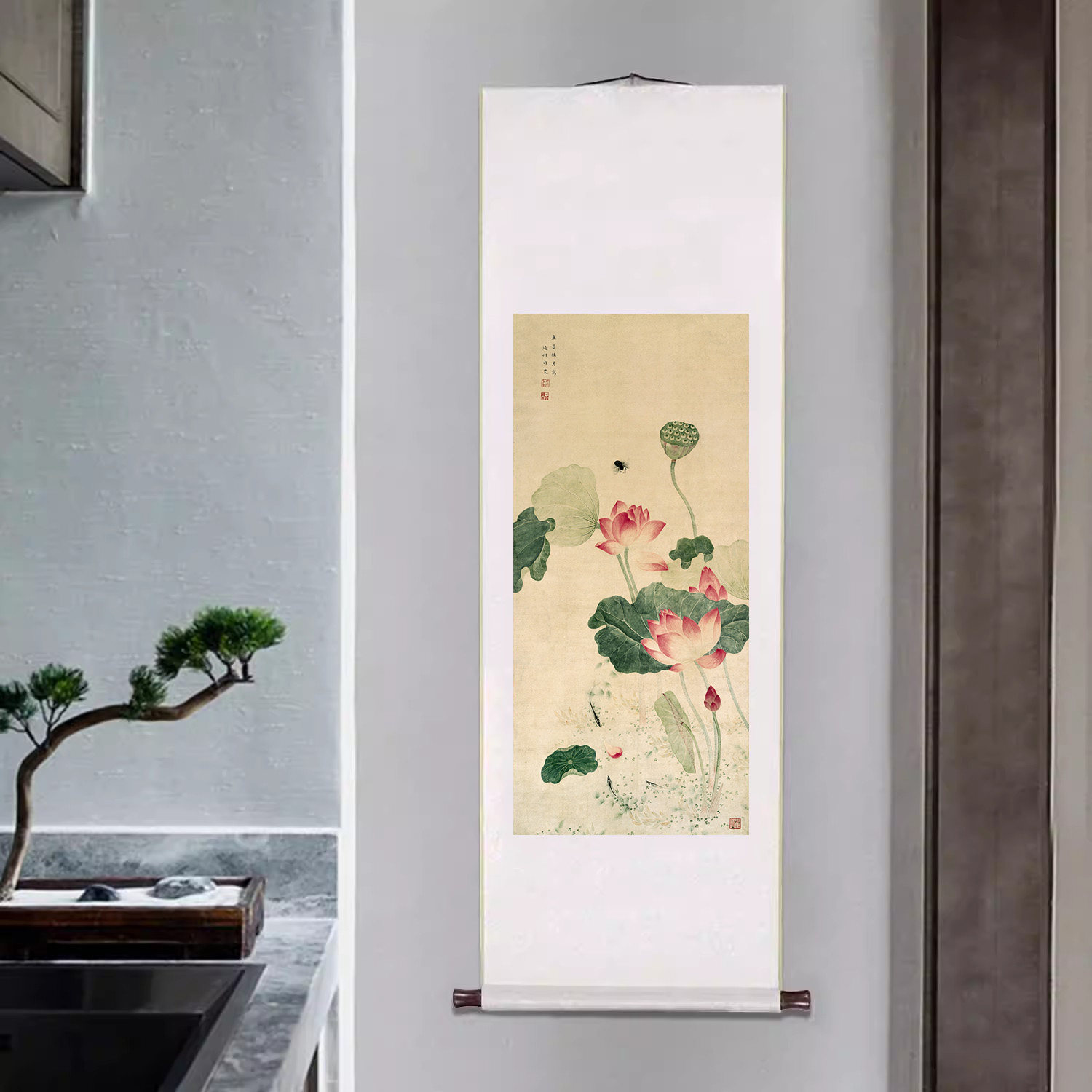 荷花图卷轴挂画中国风古画新中式客厅玄关装饰画书房餐厅复古壁画