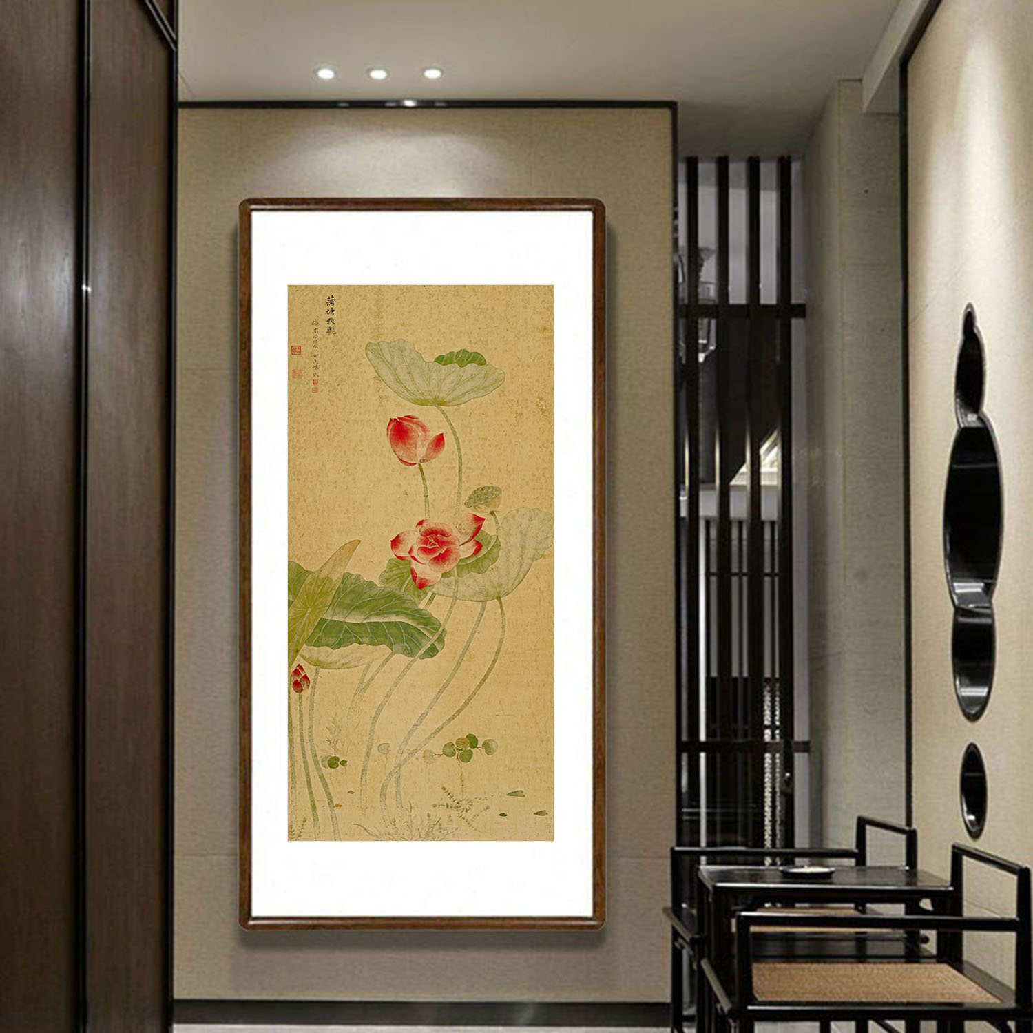 荷花挂画新中式竖版装饰画客厅玄关过道餐厅卧室走廊过道复古壁画图片