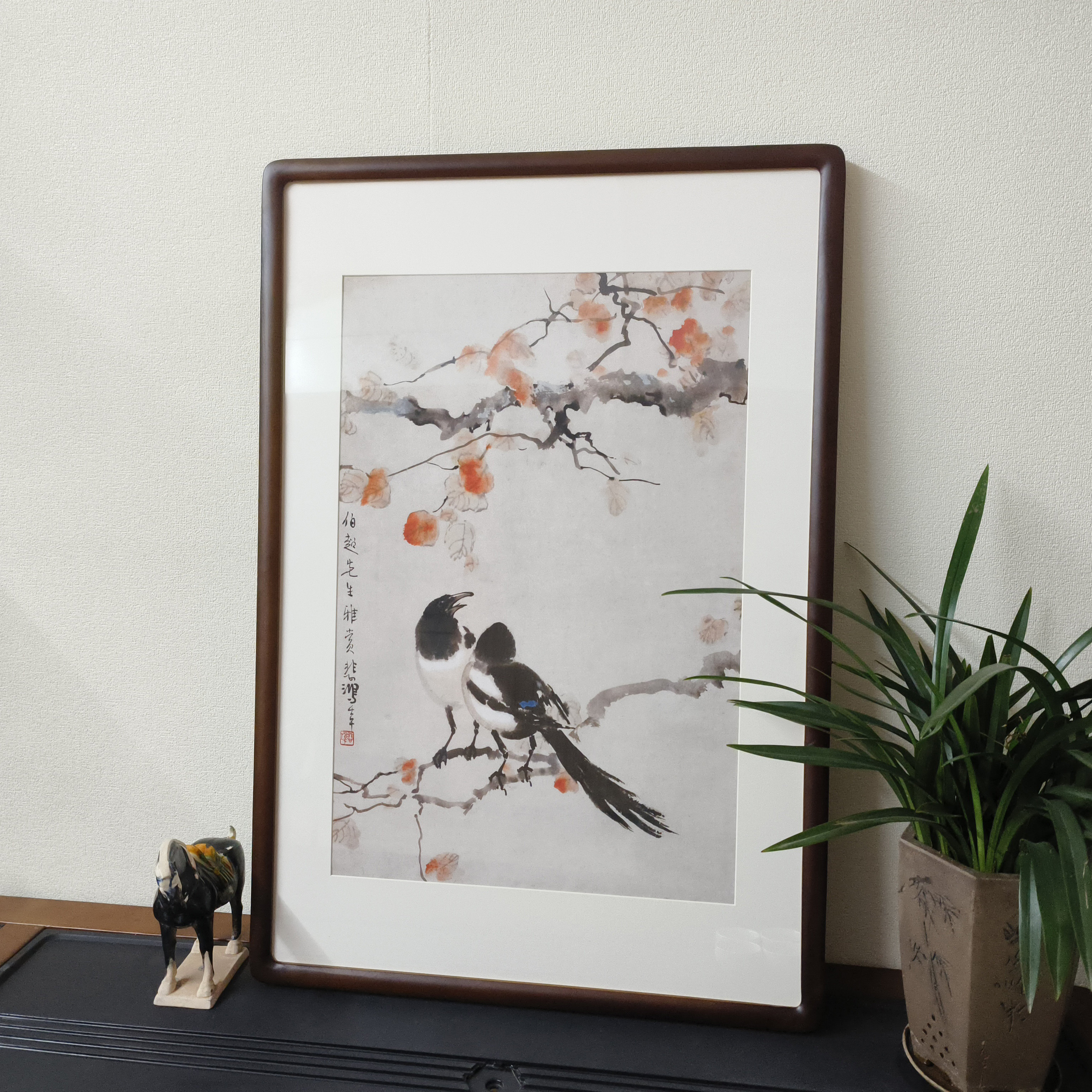 喜鹊挂画徐悲鸿双喜图花鸟国画新中式客厅玄关装饰画走廊过道壁画