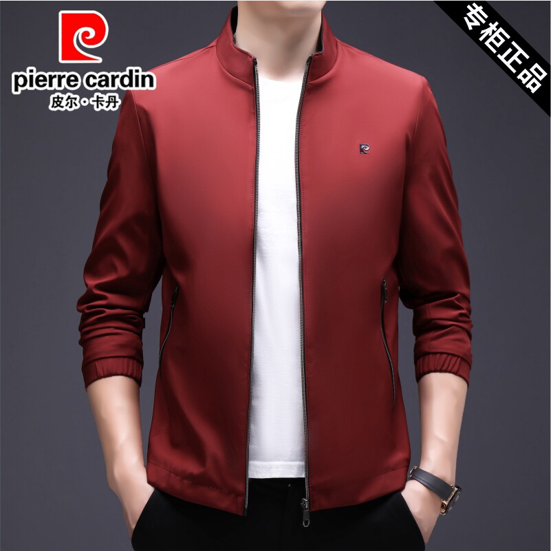 皮尔卡丹男士夹克外套2026开春新款商务休闲薄款立领百搭红色上衣
