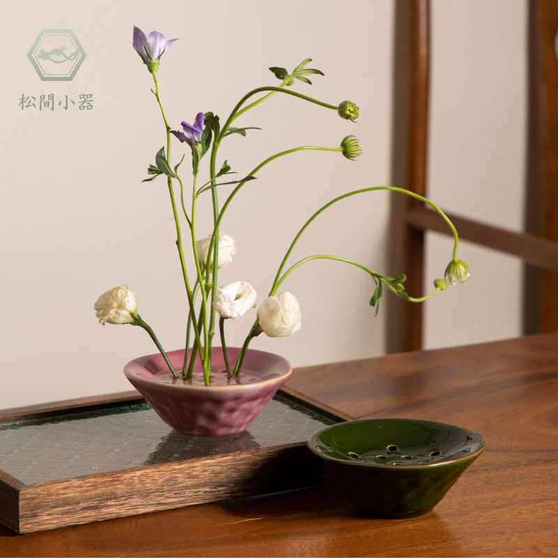 日式复古陶瓷带孔花插碗桌面摆件