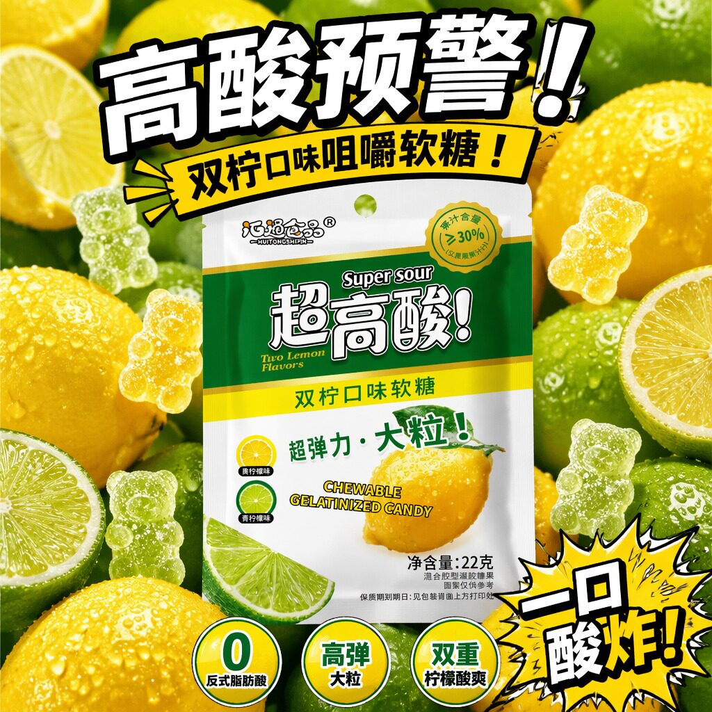 高酸柠檬味咀嚼软糖双柠清新爽口大粒清新软糖