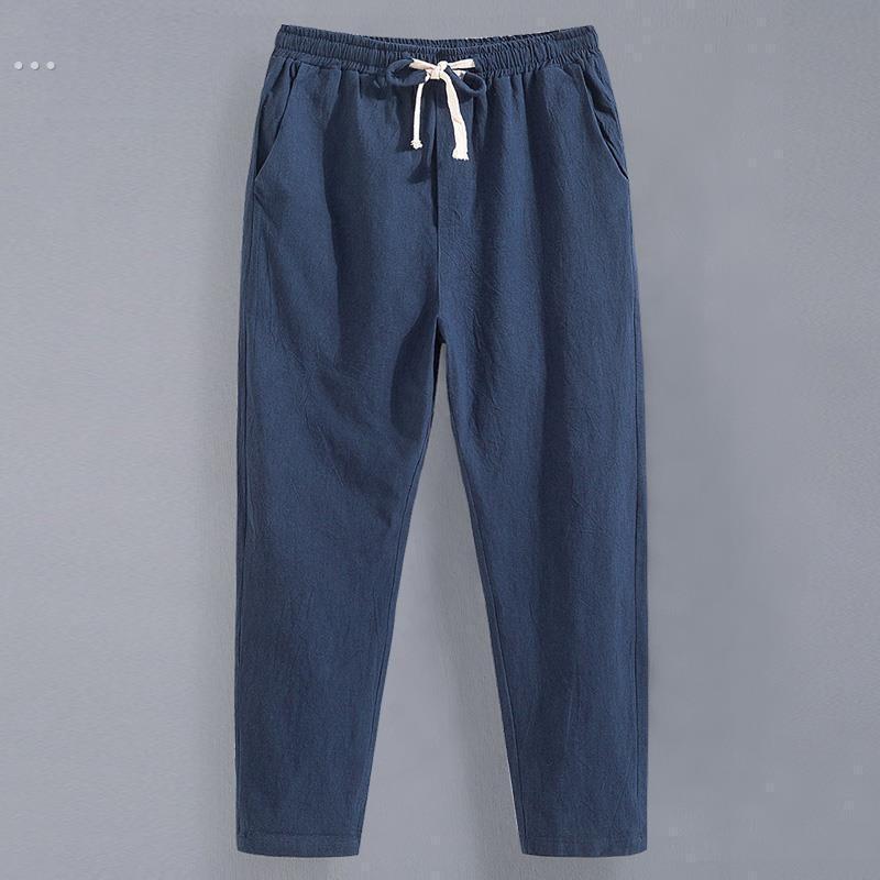 男士夏季亚麻九分裤男宽松直筒休闲裤薄款9分棉麻裤潮流青年裤子