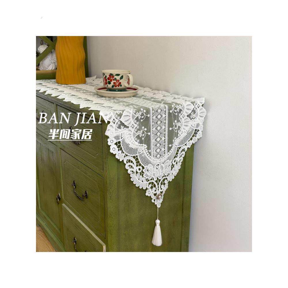 白色蕾丝桌旗美式轻奢高级感法式电视柜餐边柜斗柜盖布餐桌长条巾