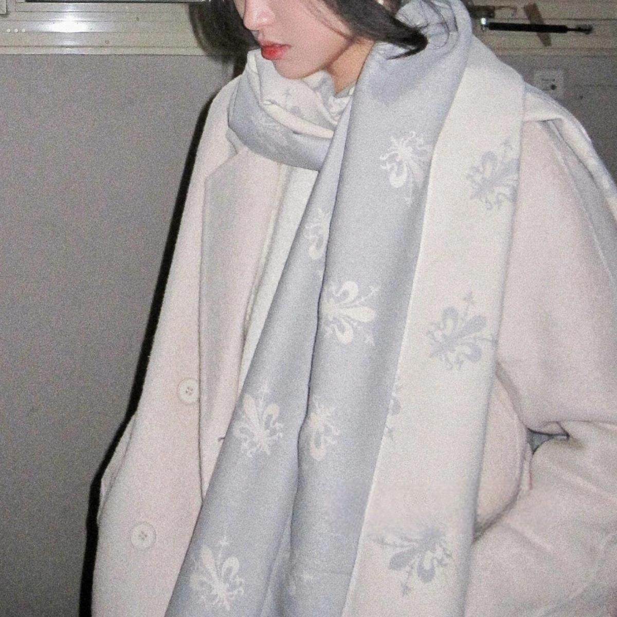 灰色鸢尾花围巾女2024新款仿羊绒围脖长款氛围感披肩加厚