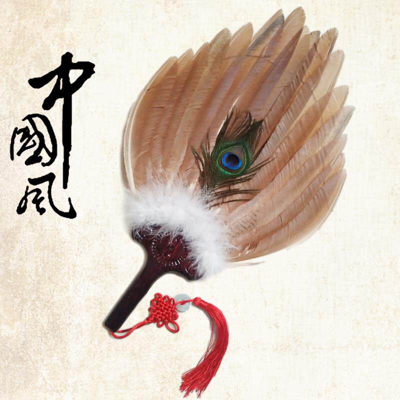 复古中国传统风格手工艺品黄色孔雀毛工艺扇羽毛扇子纯天然扇子
