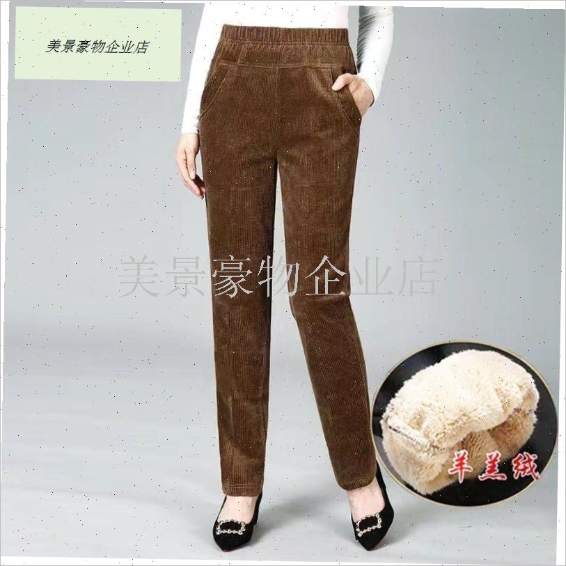 秋冬新款灯芯绒加绒加厚打底裤B外穿妈妈裤宽松显瘦黑色直筒裤子.