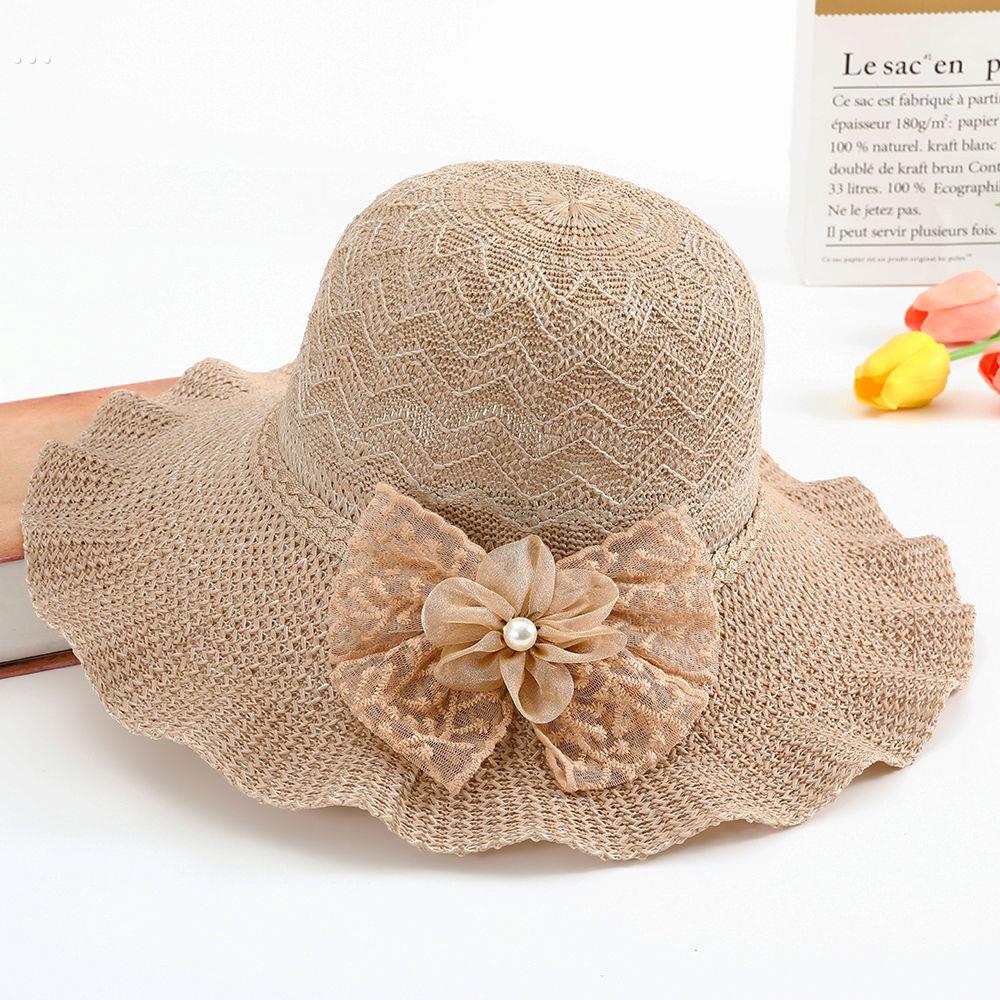 春夏季新款女波浪边大沿花朵防晒紫外线遮阳帽透气凉帽沙滩太阳帽