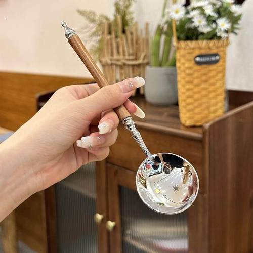 不锈钢ins法式轻奢覆古贵族彷木柄喝汤西餐勺干饭勺义大利面勺甜