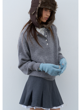 Rebornique 羊毛混纺格雷系百褶裙低腰a字短裙多层花边撞色半身裙