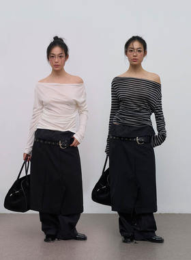 Rebornique 淡人系休闲条纹斜肩设计感一字领露肩针织长袖T恤女