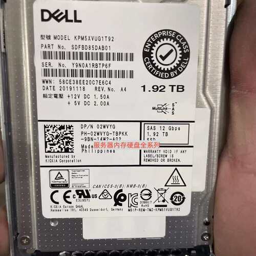 02WVYG KPM5XVUG1T92 固态硬盘 1.92T SAS 12GB SSD 2.5寸议价