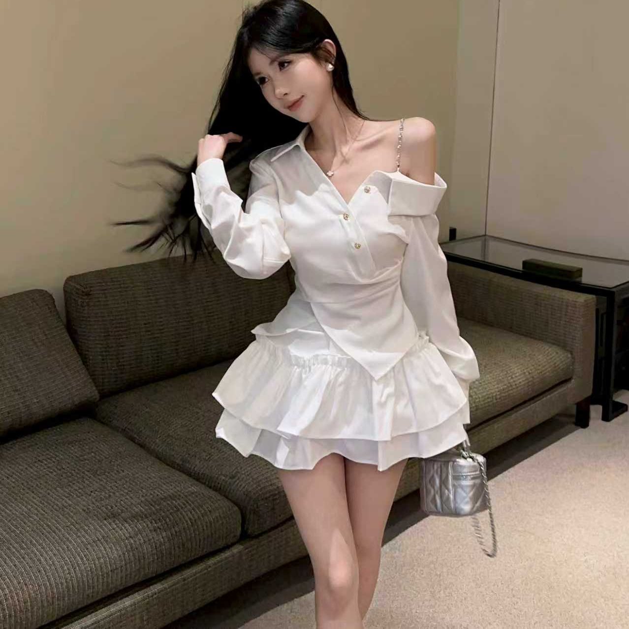 实拍纯欲名媛斜肩长袖衬衫女设计时尚套装