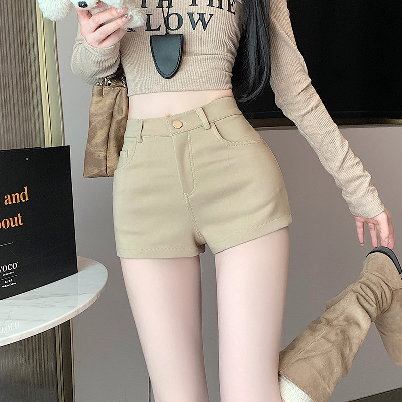 实拍美式复古休闲短裤女高腰弹力修身辣妹紧身a字包臀热裤子