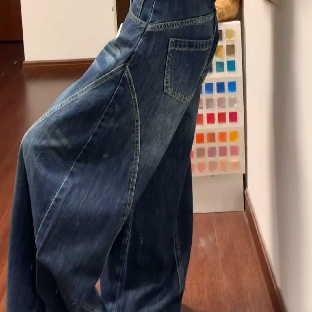 美式复古廓形弯刀牛仔裤女秋季新款做旧水洗立体裁剪阔腿裤拖地裤