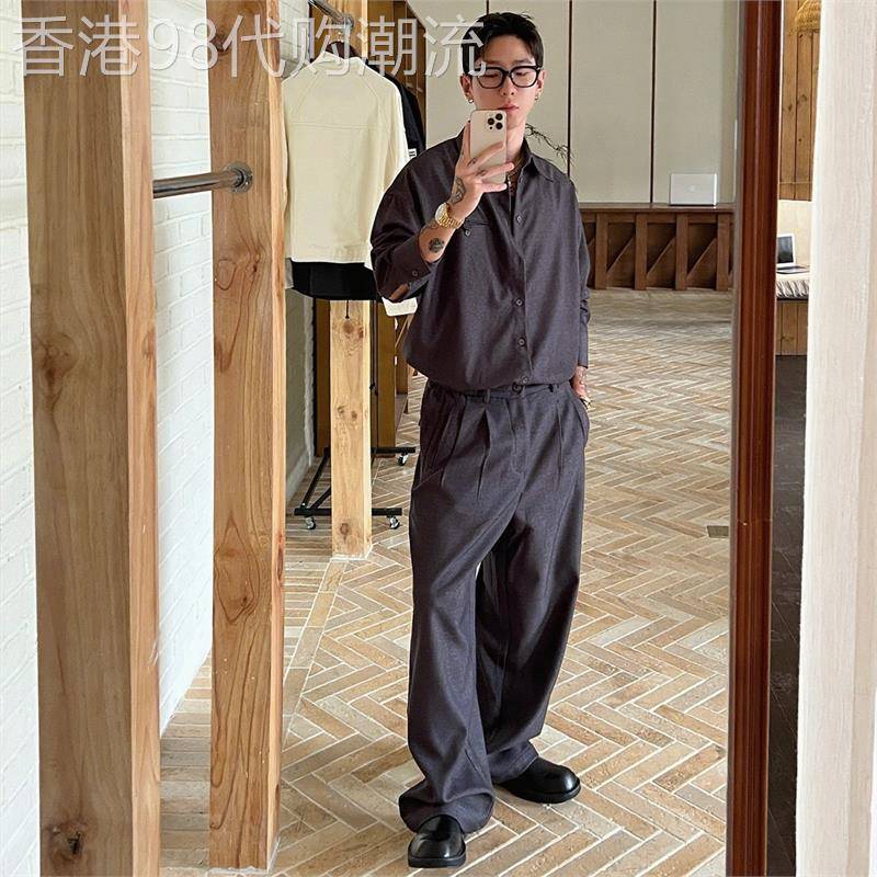 轻奢琥珀棕羊毛混纺老钱风套装男2026春季复古长袖衬衫直筒休闲裤