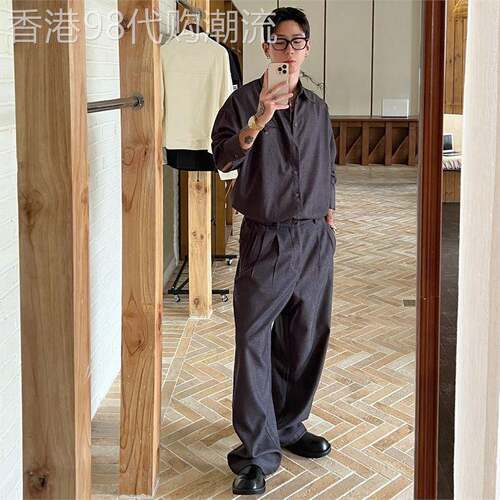 轻奢琥珀棕羊毛混纺老钱风套装男2026春季复古长袖衬衫直筒休闲裤