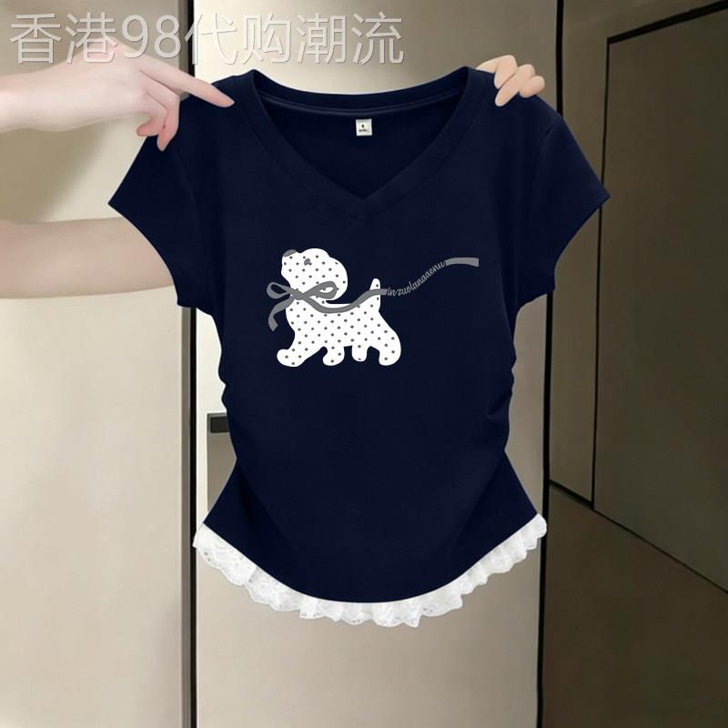 纯欲蕾丝拼接短袖t恤女夏季卡通印花修身显瘦辣妹V领掐腰漂亮上衣