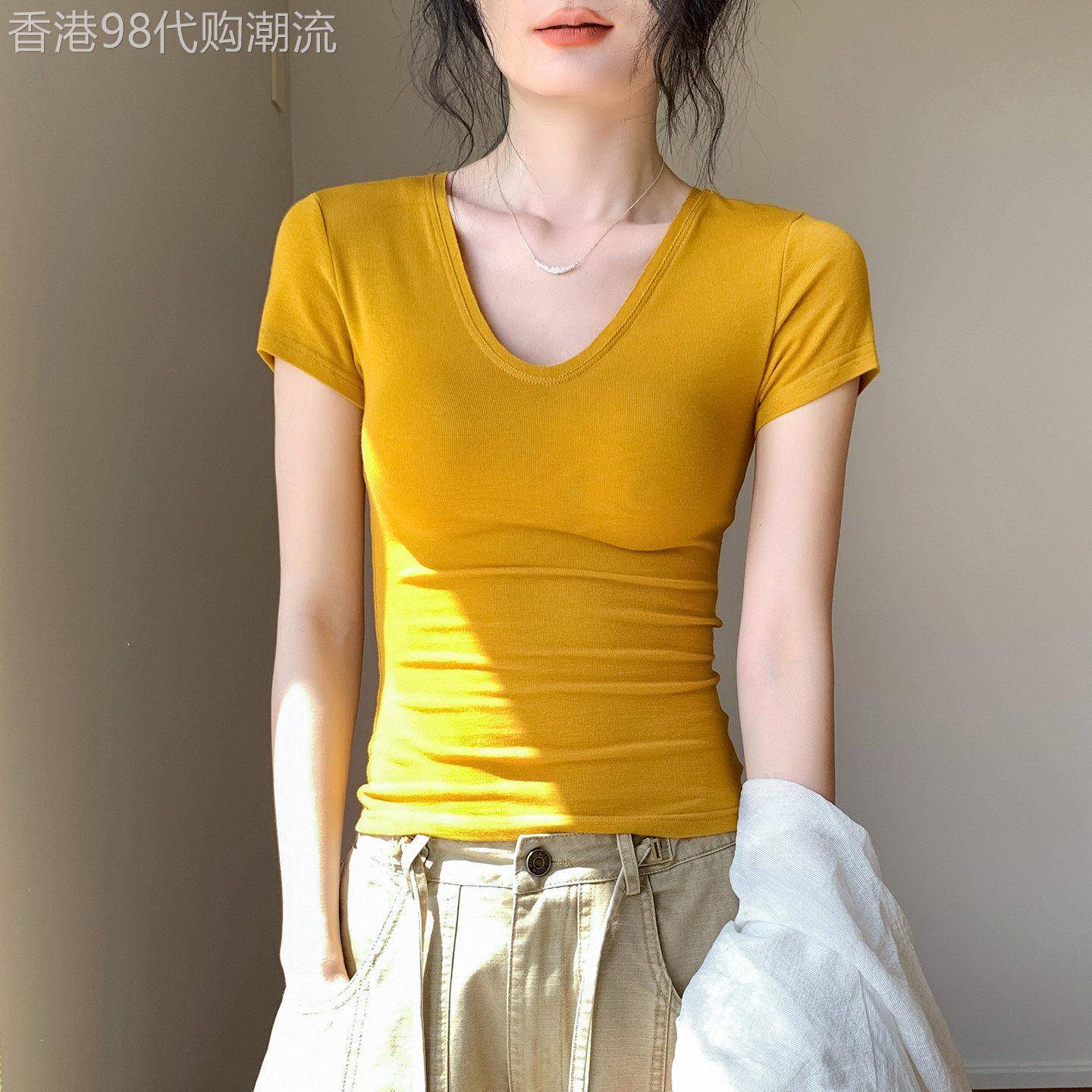 韩版V领正肩短袖T恤女装2026年夏季新款修身显瘦纯色日常百搭上衣