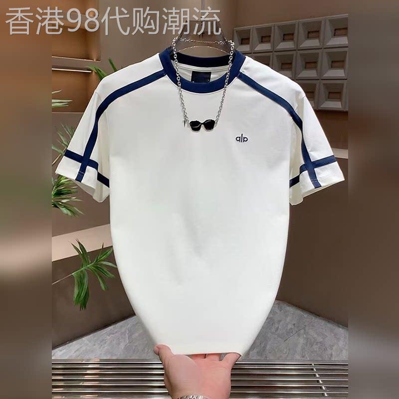 高端美式拼接刺绣字母短袖T恤男夏季韩版宽松设计感条纹半袖上衣