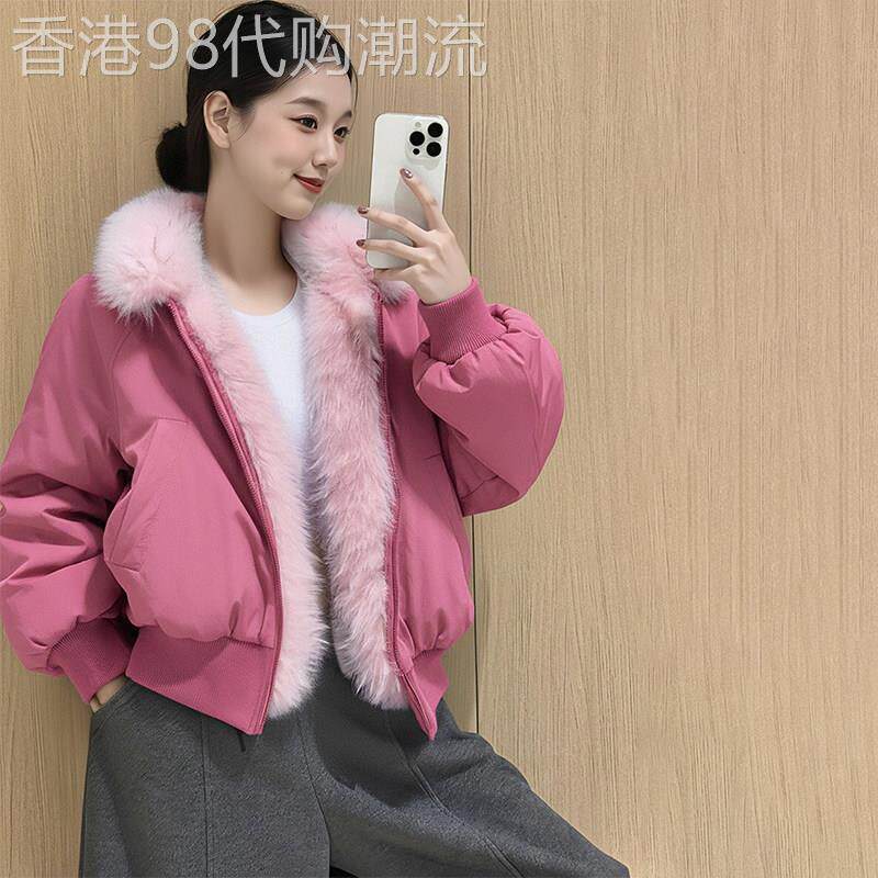 美式粉色环保羊羔毛夹克外套女26春短款独特超好看派克服加厚上衣