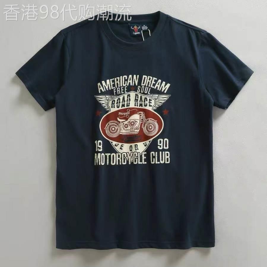 代购香港潮男夏季美式休闲复古撞色机车图案纯棉舒适男士短袖T恤