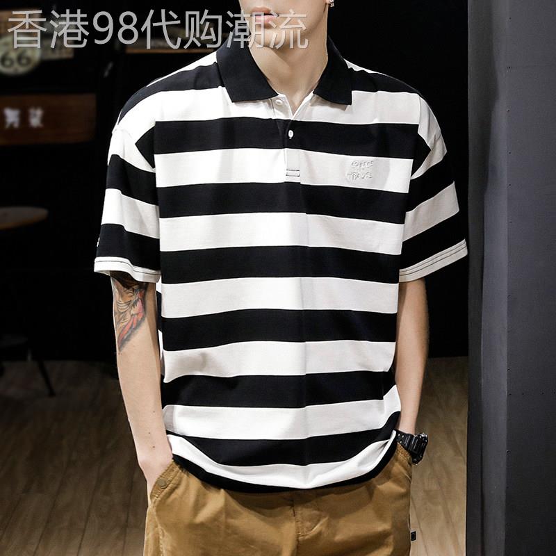 夏季潮牌重磅纯棉美式条纹polo衫T恤男翻领短袖宽松大尺码百搭T恤