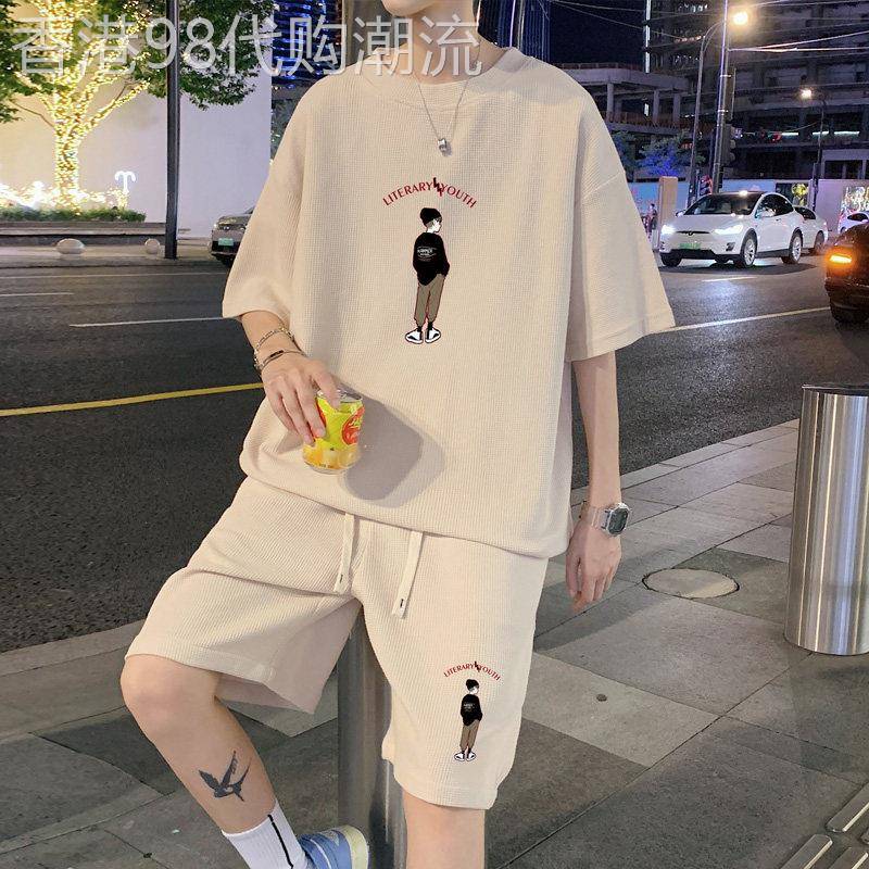 华夫夫短袖短裤休闲套装男士夏季时尚帅气的男士服装与一套薄运动