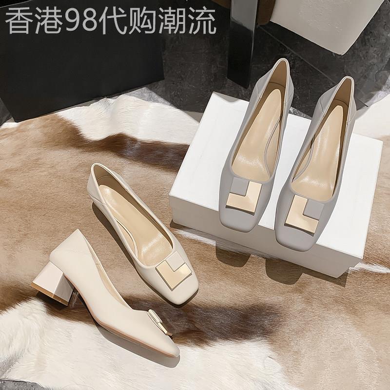 女鞋春夏2026新款一脚蹬单鞋女中跟粗跟时尚百搭方头搭扣高跟鞋女