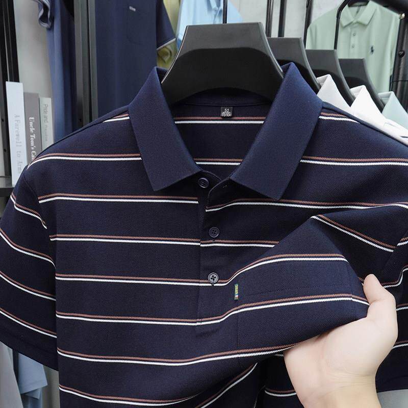 爸爸夏装短袖T恤男夏季白色条纹有兜带口袋上衣轻奢翻领polo衫薄