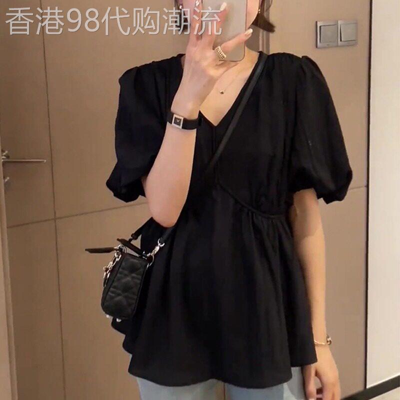 黑色短袖衬衫女2026新款夏季V领高级感轻奢减龄洋派泡泡袖上衣女