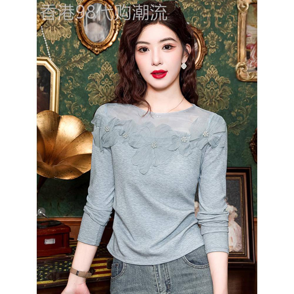 法式长袖打底衫女早秋2025新款时尚网纱立体花朵修身显瘦短款上衣