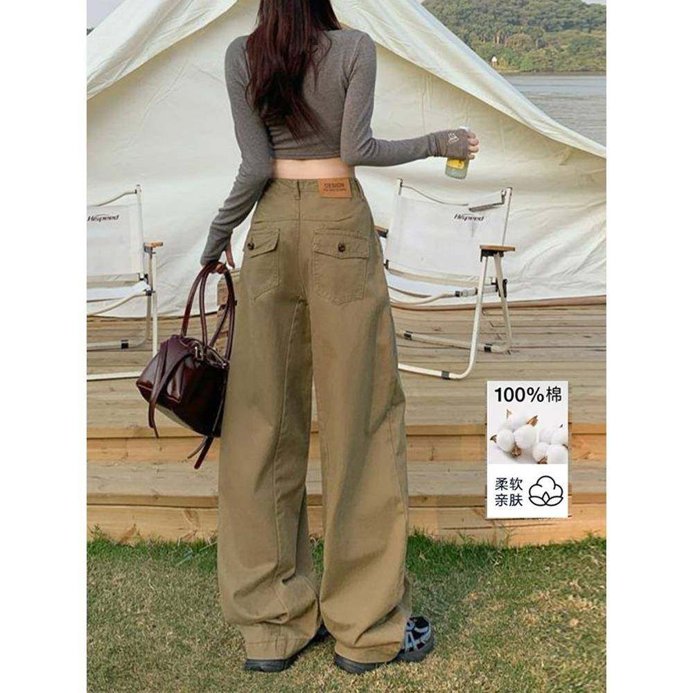 韩国宽松阔腿工装牛仔裤女士2025新款秋季美式高腰垂感直筒长裤子