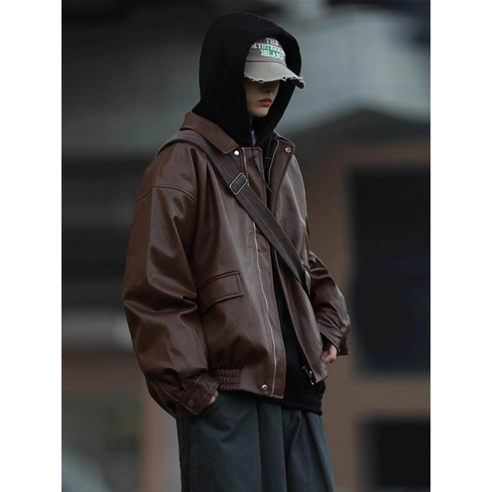 潮牌美拉德棕色皮衣外套男春秋季薄款痞帅机车服休闲宽松真皮夹克