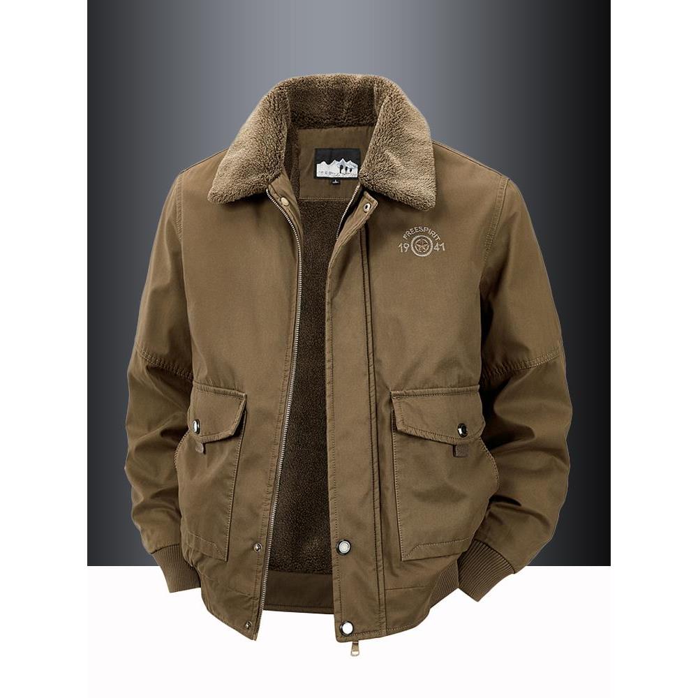 Mostarsea~秋冬季新款加绒棉服男士加厚保暖口袋外套翻领工装上衣