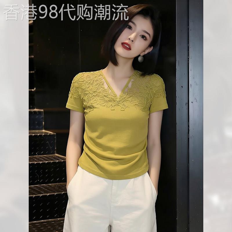 干练绿色蕾丝边拼接短袖T恤女夏季2026年新款高级感上衣别致小衫