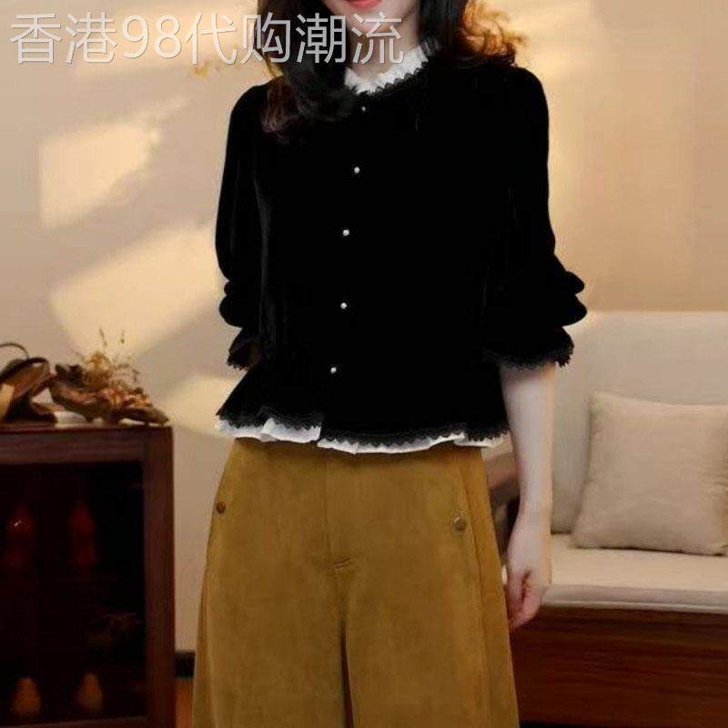 大码法式丝绒假两件蕾丝衬衫女2026早秋欧货胖mm宽松气质小衫上衣