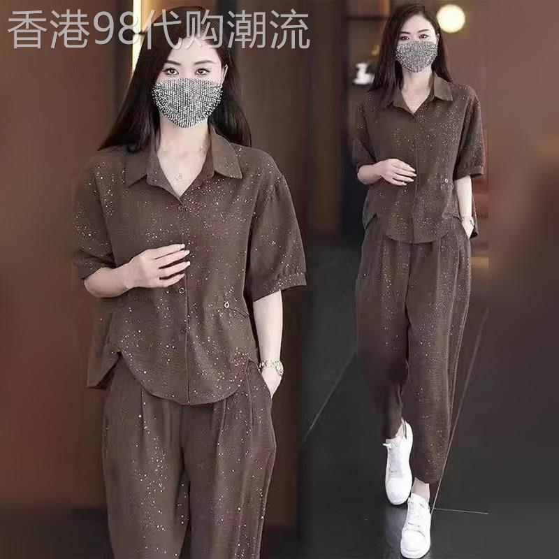 潮牌时尚高级感衬衫哈伦裤两件套女夏季大码妈妈遮肉显瘦休闲套装