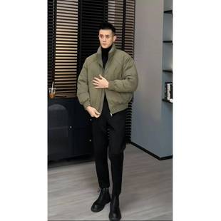 TWG军绿色短款轻薄羽绒服男冬季加厚保暖防寒高级感棉服立领外套