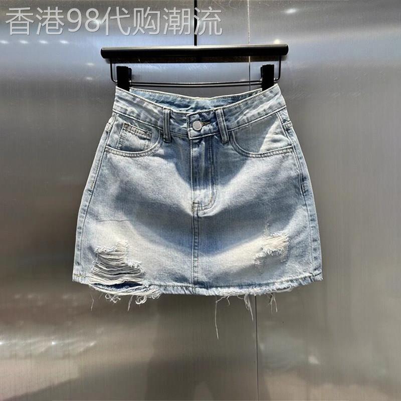 潮牌磨破水洗高腰A字牛仔短裙女2026夏季新款防走光包臀半身裙子