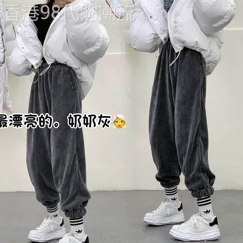奶奶灰灯芯绒运动裤女春秋季2026欧货宽松大尺码休闲哈伦裤条绒卫