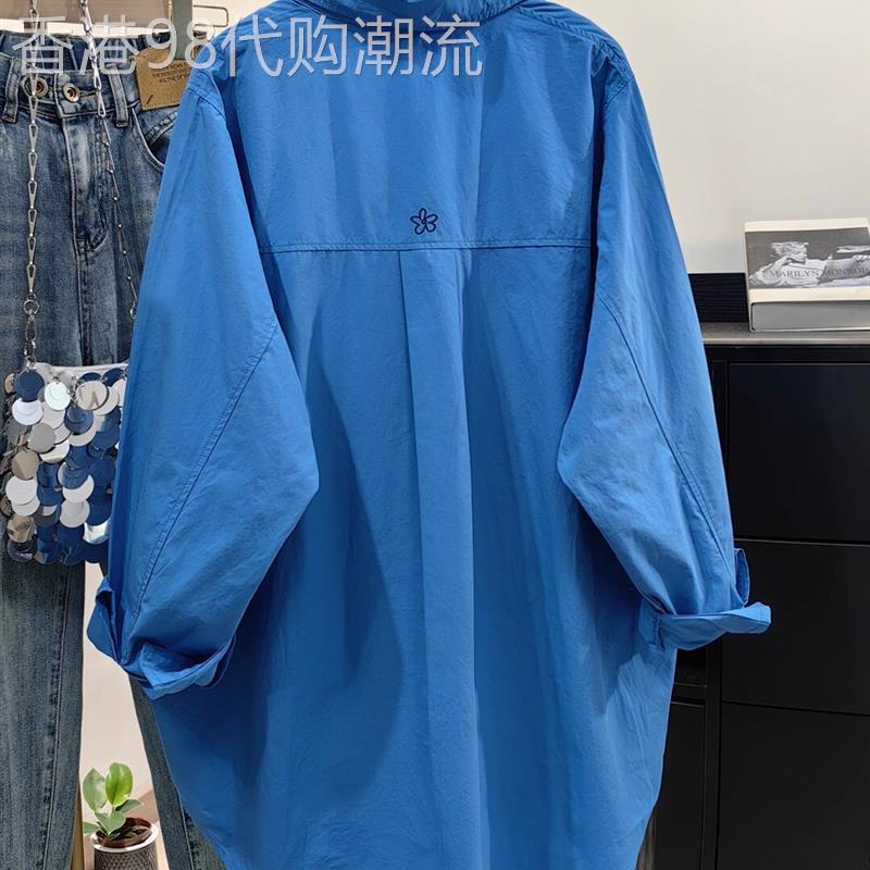蓝色全棉衬衫女大尺码春秋新品韩版中长版花朵刺绣长袖衬衫开衫外