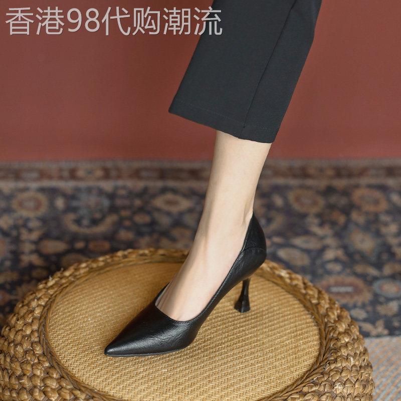 真皮不累脚高跟鞋女2025年春季新款细跟舒适黑色职业一脚蹬单鞋子
