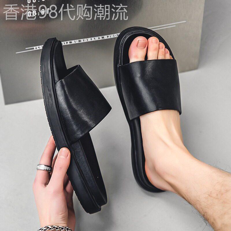 欧美时尚沙滩一字拖鞋男夏季新款外穿百搭通透气舒适真皮凉拖鞋潮