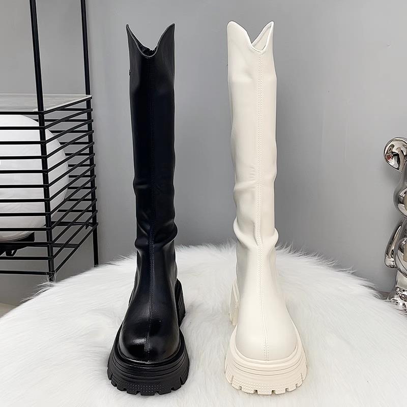 香港真皮长筒靴女秋季2025新款爆款厚底增高筒骑行靴单靴白色长靴