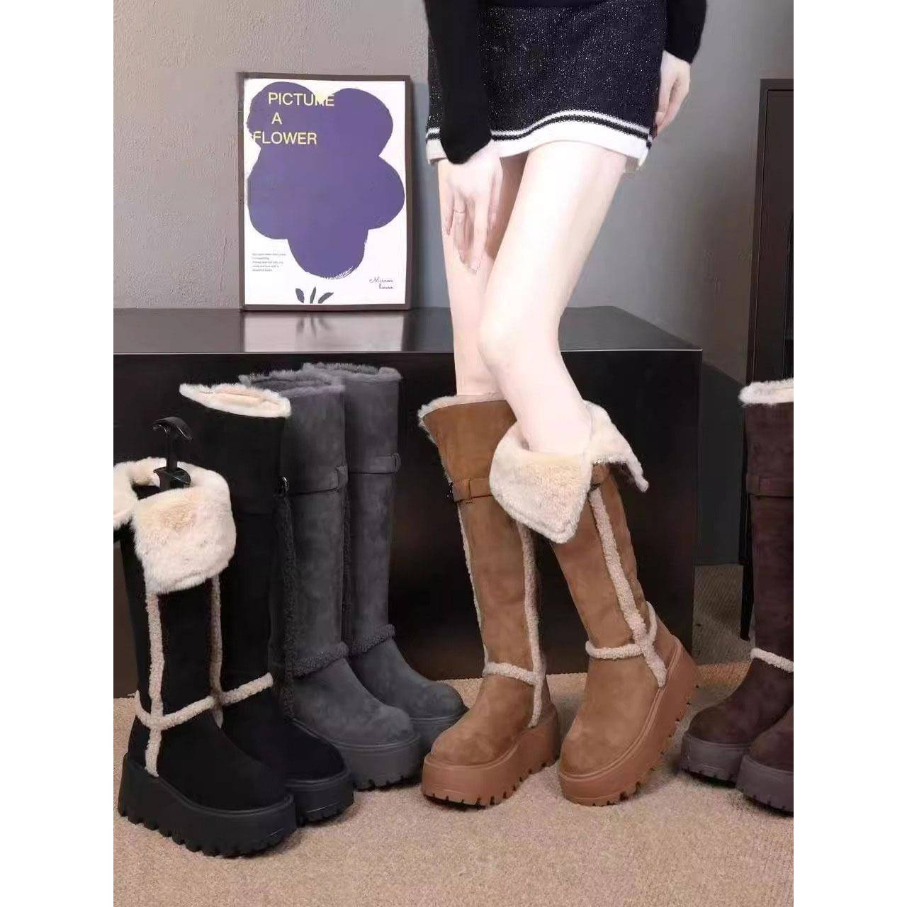 香港真皮长筒雪地靴女2025冬季新款皮毛一体加绒两穿厚底高筒棉鞋