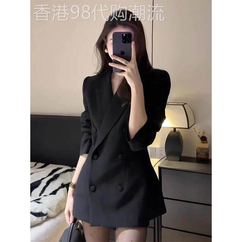 黑色小西装外套女春秋欧货新款薄款宽松休闲气质高级感双排扣西服