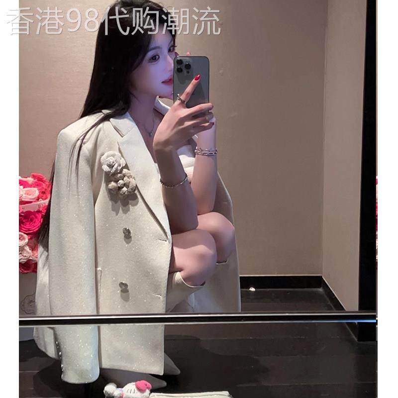 白色小香西服外套女早春2025款宽松休闲高级感气质名媛上衣含花朵